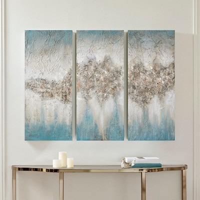 Gulches Heavily Embellished 3-Piece Canvas Wall Art Set - Abstract Blue & Grey Decor