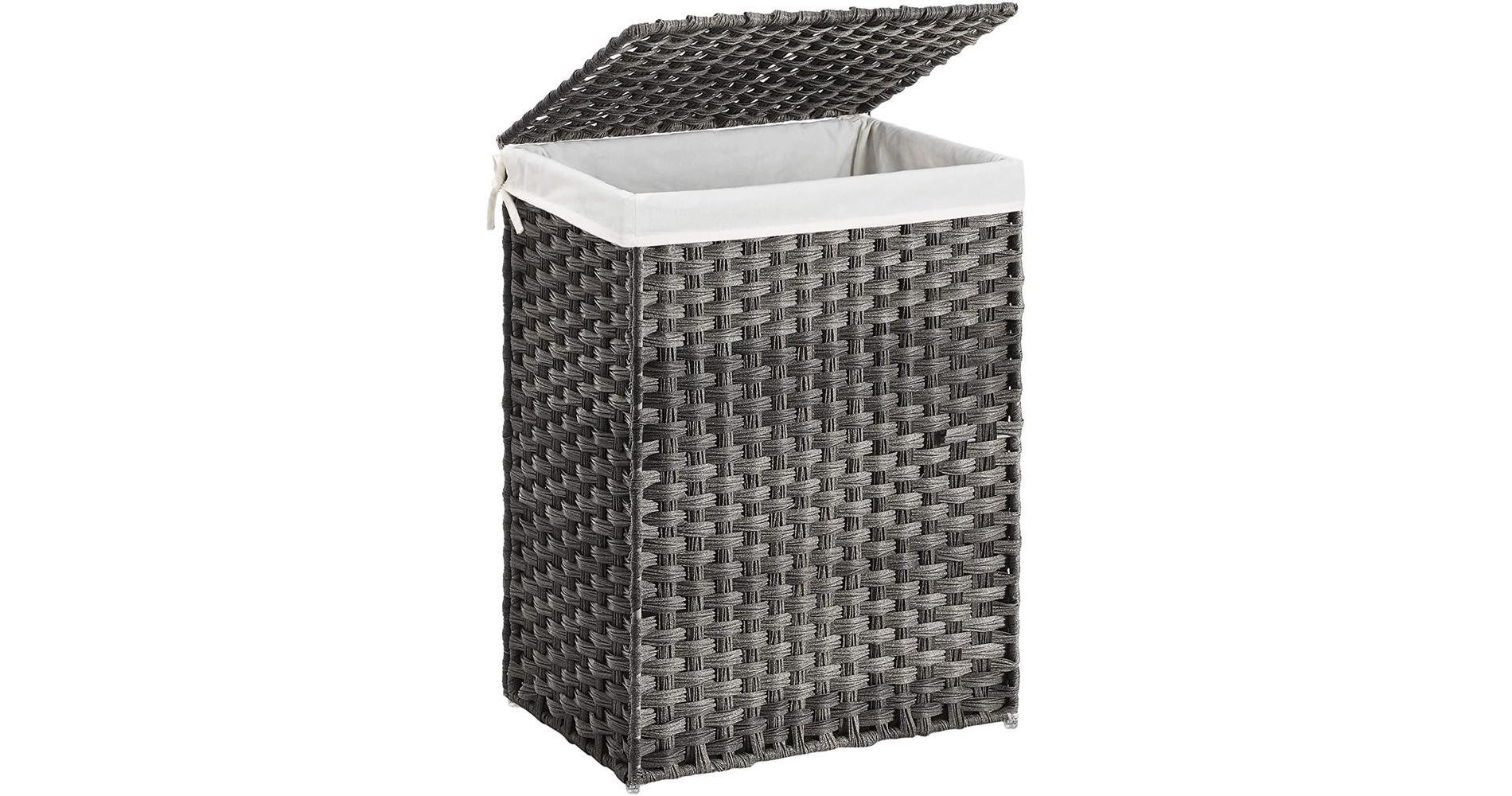 SONGMICS 23 Gallons Laundry Hamper with Lid Bamboo Laundry Basket Foldable with Handles Gray