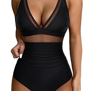Women One Piece Swimsuits Mesh Tummy Control Swimsuit Push Up High Waisted Swimdress Bathing Suit - 1 of 4