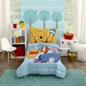 Disney Winnie the Pooh Funny Friends Aqua, Gold, Blue and Orange, Tigger, Eeyore and Piglet 4 Piece Toddler Bed Set - 1 of 4