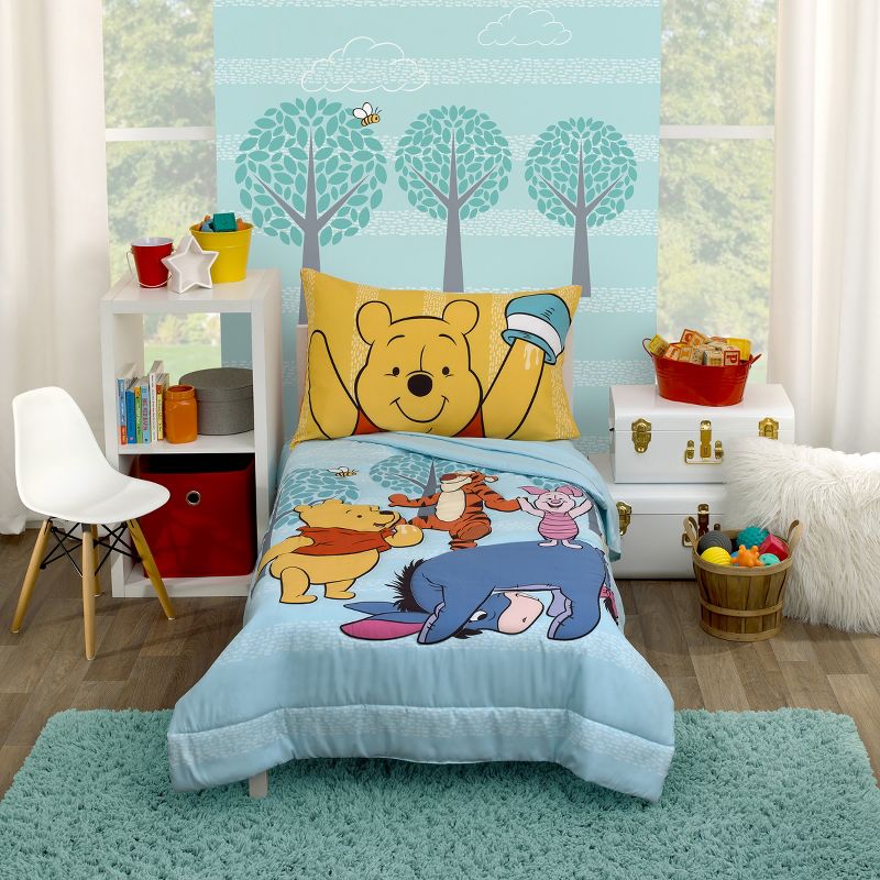 Disney Winnie the Pooh Funny Friends Aqua, Gold, Blue and Orange, Tigger, Eeyore and Piglet 4 Piece Toddler Bed Set, 1 of 7