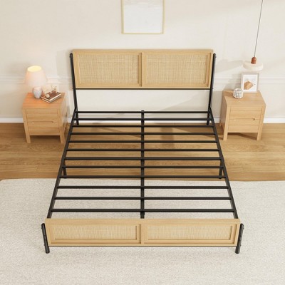 Full Size Bed Frame with Natural Rattan Headboard and Footboard, Wooden Full Platform Bed No Box Spring Needed