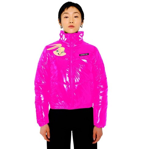 Members Only Women's Space Jam High Shine Puffer with Printed Lining  Jacket-Pink S