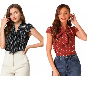 INSPIRE CHIC Women's Polka Dots Tie V Neck Flutter Cap Sleeve Blouse 2 Packs - 1 of 4