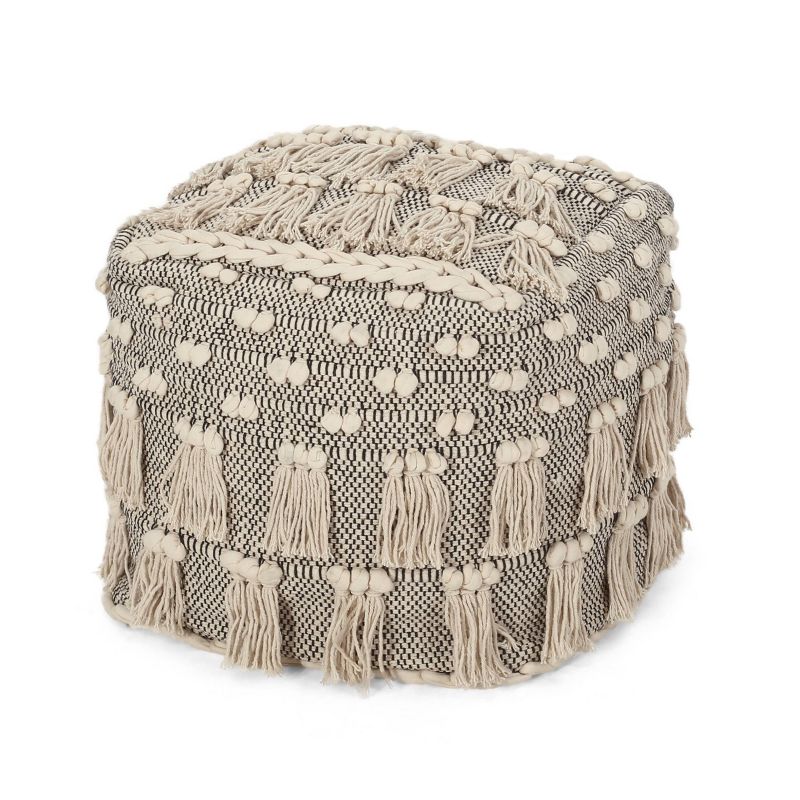 Hawley Handcrafted Boho Fabric Cube Pouf with Tassels Ivory - Christopher Knight Home, 6 of 12