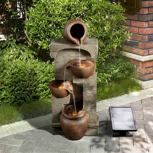 28.5" Solar Powered Outdoor Waterfall Fountain with Two Pots, Two Bowls - Natural - Teamson Home: Weather-Resistant,Polyresin - 1 of 4