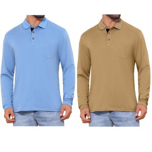 INSPIRE CHIC Men's Contrast Button Collared Pocket Long Sleeves Polo T-Shirts 2 Packs - 1 of 4