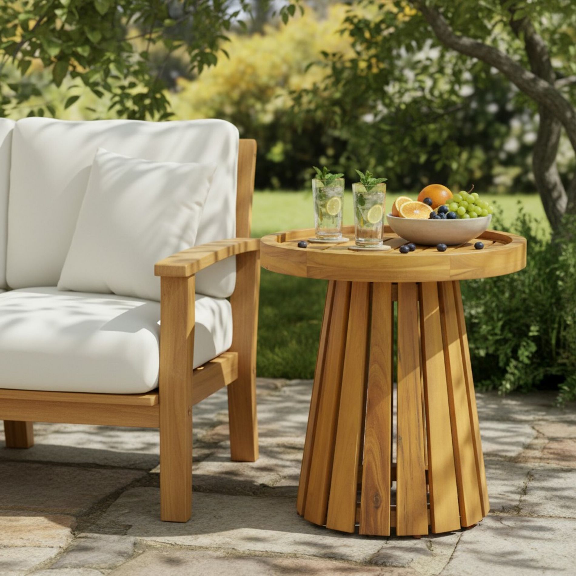 Christopher Knight Home Vichai Modern Outdoor Acacia Wood Round Side Table with Slatted Design, Teak