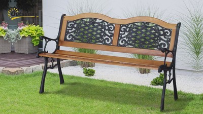 Teak and Black Cast Iron Outdoor Garden Bench with Antique Flourishes