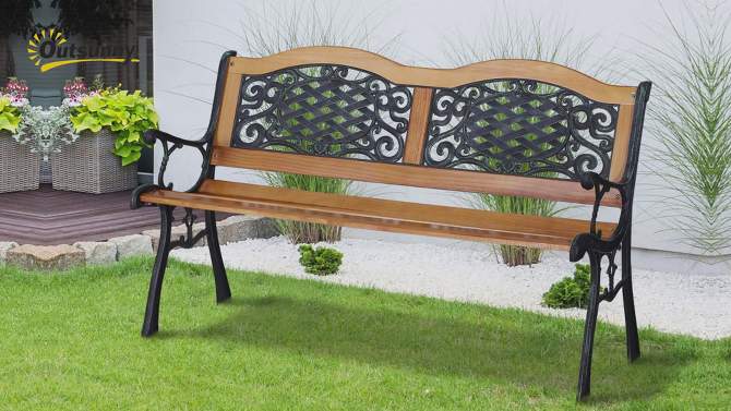 Outsunny 50" Outdoor Garden Bench, Park Style Patio Bench with a 2 Person Loveseat Design, Wood & Metal with Antique-like Flourishes, Teak, 2 of 10, play video