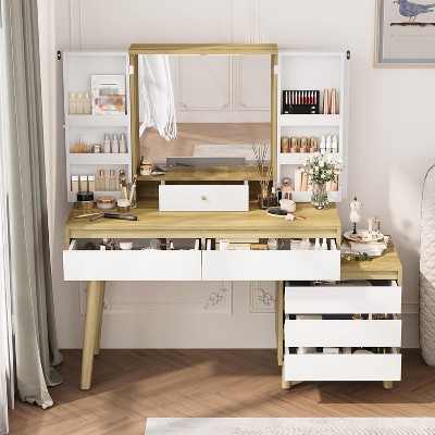 Vanity Desk with Mirror and Lights, Small Makeup Vanity Table with Drawers,  Make up Desk for Teen Girls and Women