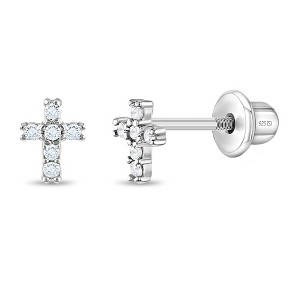 Girls' Delicate CZ Cross Screw Back Sterling Silver Earrings - In Season Jewelry - 1 of 4