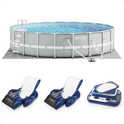 Intex 20ft x 52in Outdoor Prism Frame Above Ground Swimming Pool Set with Cartridge Filter Pump, 2 Lounger Float Chairs and Inflatable Cooler with Lid