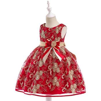 Girls Merry and Bright Gold Embroidered Holiday Dress - Mia Belle Girls