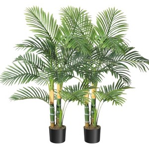 Artificial Golden Cane Palm Trees, Tall Triple Trunk Faux Palm Plant, UV Resistant, Potted for Indoor Outdoor Home or Office Decor - 1 of 4