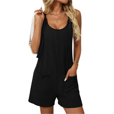 Women's Summer Casual Sleeveless Rompers Scoop Neck Striped Bib Shorts Jumpsuit Beach Overalls Vacation Outfit Clothes