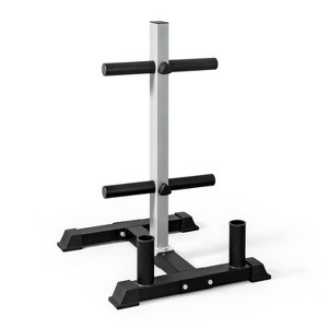 CAP Olympic Bumper Plate Tree Rack 4 Weight Plate Post and 2 Barbell Storage Holder - 1 of 4