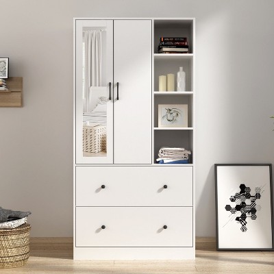 FUFU&GAGA 2 Large Drawer Armoire Double Door Wardrobe Display Cabinet with Hanging Bar and Mirror