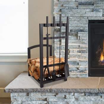 5-Piece Fireplace Tool Set and Log Rack - Mission-Style Firewood Holder with Shovel, Broom, Tongs, and Poker for Hearth by Lavish Home (Matte Black)