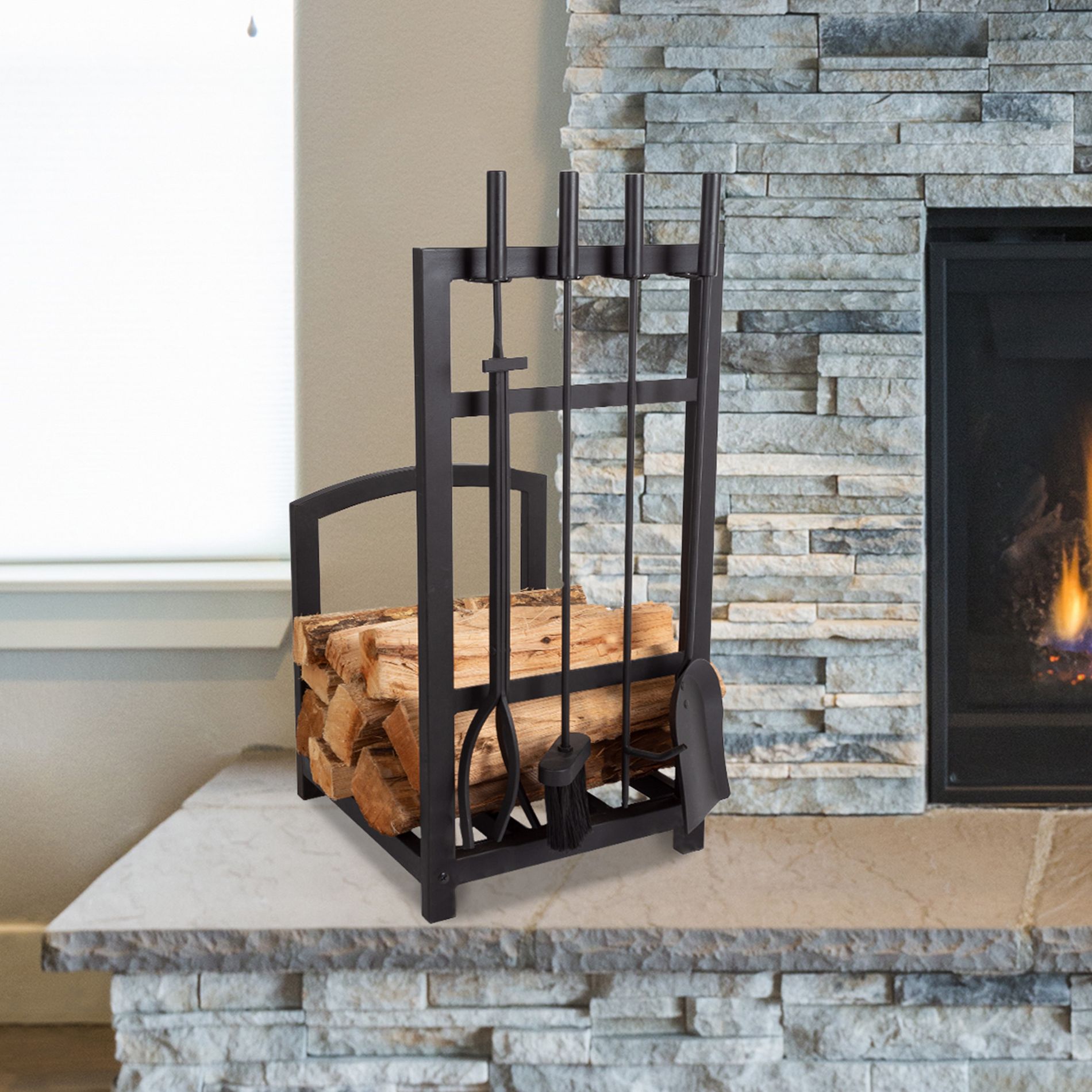 Hastings Home 5-Piece Modern Fireplace Tool Set and Log Rack (Matte Black)