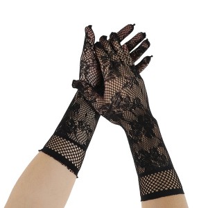 Unique Bargains Women's Lace Fishing Net Long Sunblock Mittens Black 1 Pair - 1 of 4