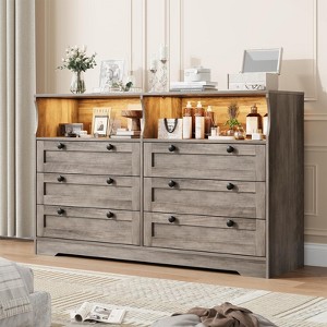 Jojoka 55" Wide 6 Drawers Wooden Dressers for Bedroom, Large Modern Wood Dressers with Led Lights and Charging Station for Living Room, Hallway - 1 of 4