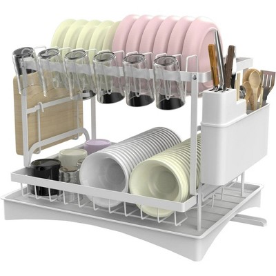 LunaLulinlk Dish Drying Rack,Sink Drainer Rack-2Tiers Plates Draining Rack Kitchen Organiser with Drip Tray White