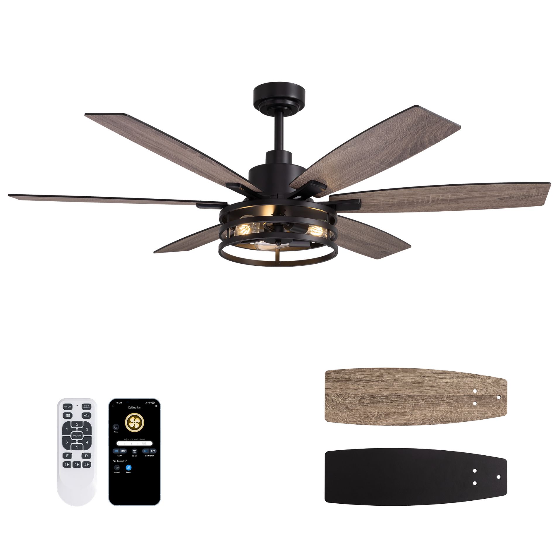 Siljoy 60-in Indoor Matte Black Layered Caged Ceiling Fan with Light Kit Reversible Blades and Remote Included (6 Big Blades and Dual Colors)