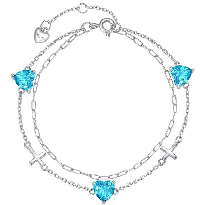Molenia Birthstone Cross Bracelet for Women, S925 Sterling Silver Heart Dainty Link Charm Double Layer Jewelry Birthday Gift for Her