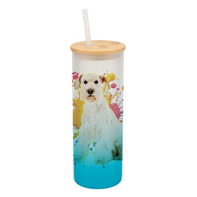 100 North 25 Ounce Frosted Glass Gradient Travel Tumbler With Straw & Wooden Lid, Schnauzer Dog Paint Splatter Sky Blue