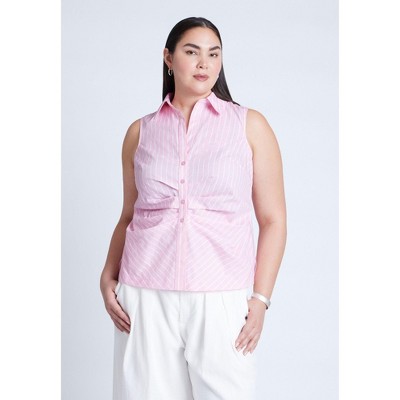 ELOQUII Women's Plus Size Striped Sleeveless Collared Top