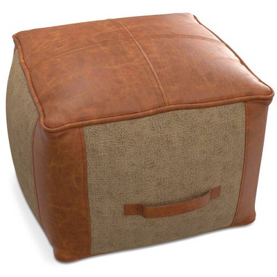 Tan Genuine Leather and Jute Square Pouf Ottoman