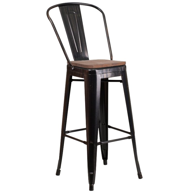 Merrick Lane Metal Dining Stool with Curved Slatted Back and Textured Wood Seat, 1 of 15