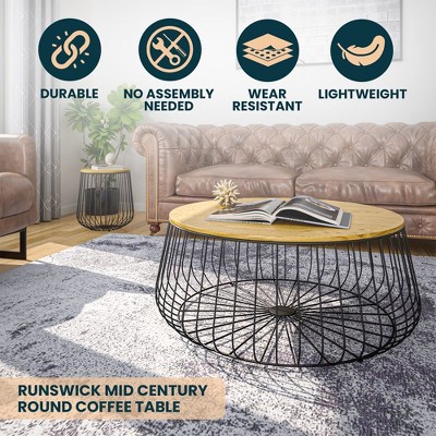 Natural Wood Round Coffee Table with Black Metal Wire Base