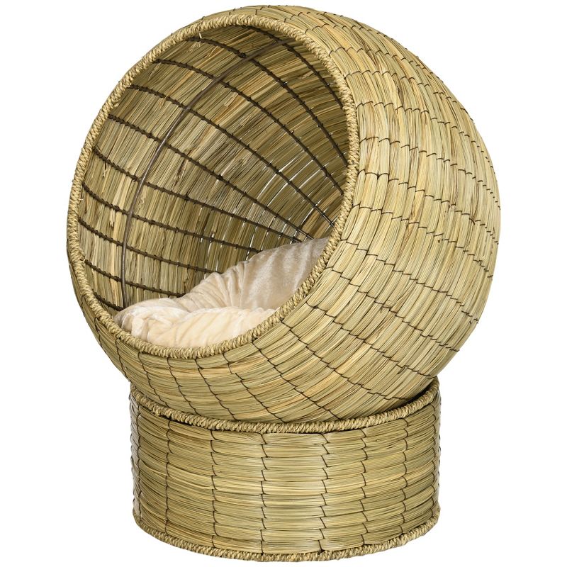 PawHut Cat Basket Bed with Cat Egg Chair Shape, Woven Elevated Cat Bed Kitty House, Raised Wicker Cat Bed for Indoor Cats, 20" Dia. x 23.5" H, Yellow, 5 of 8