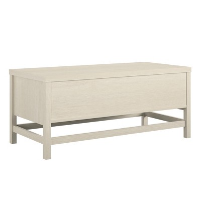 Boho-Chic Ivory Oak Rectangular Coffee Table with Faux Rattan Storage