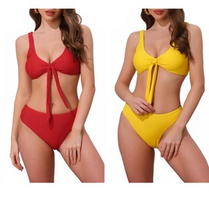 INSPIRE CHIC Women's Lace Up Decoration Push Up Wide Strap Top Triangle Bottom Swimwear Bathing Bikini Suits 2 Sets - 1 of 4