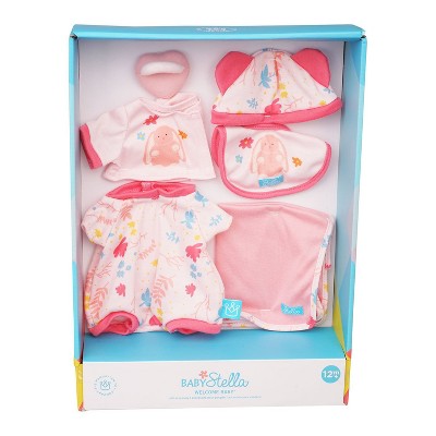 Manhattan Toy Baby Stella Welcome Baby 6 Piece Bringing Home Baby Doll Set with Hat, Bib, Onesie, Cardigan, Magnetic Pacifier and Blanket