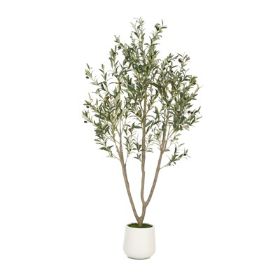5-7FT Artificial Olive Tree with White Planter, Faux Olive Tree Fake Potted Olive Silk Tree for Indoor/Outdoor Home Decor with Realistic Trunk