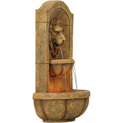 Lion Head Rustic Faux Stone 2-Tier Wall Water Fountain with LED Light