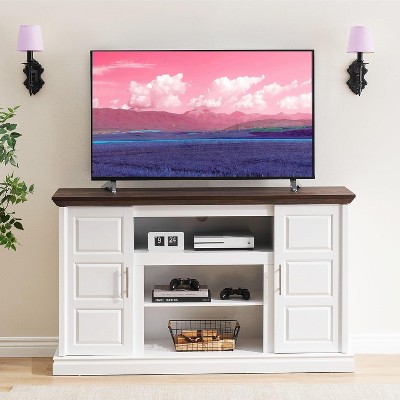 DobleePy White Farmhouse TV Stand with LED Lights, Double Barn Door Cabinets, Adjustable Shelves, Power Outlets for TVs up to 65"