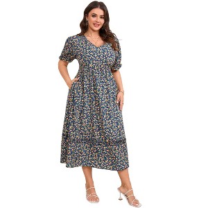 BLUEMING Plus Size Summer Wedding Guest Midi Dresses for Curvy Women,Casual  Floral Shirred Short Sleeve V Neck Long Dress