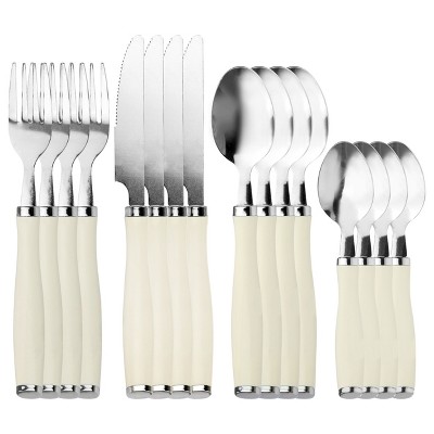Gibson 16-Piece Stainless Steel Flatware Set with White Handles and Wire Caddy