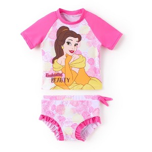 Disney Princess Belle 2 Piece Tankini Swimsuit Set Toddler Girl Rash Guard UPF 50+ Swimwear Summer Ruffle Swim Suit - 1 of 4
