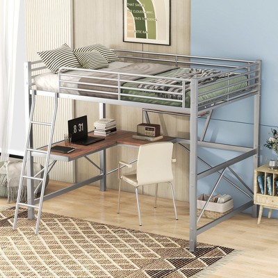 TIRAMISUBEST Full Size Loft Bed with Bulit-in L-Shaped Desk and Storage Shelf, Metal Loft Bedframe with Ladder and Guardrails