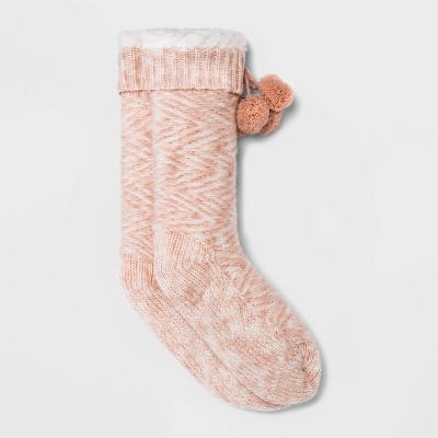 Women's Spacedye Sherpa Lined Slipper Socks with Poms & Grippers - Pink 4-10