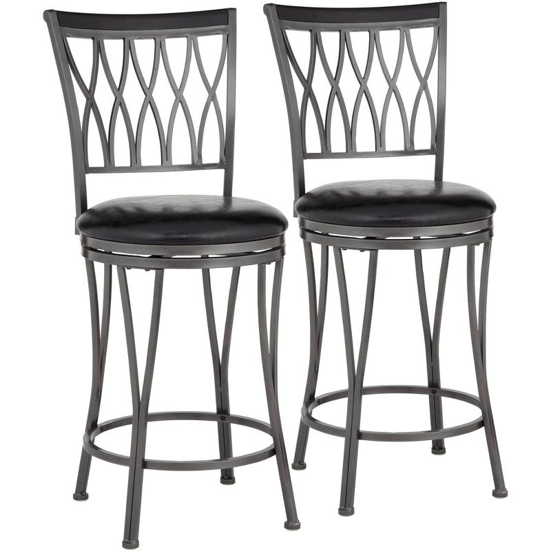 Elm Lane Dominick Black Metal Swivel Bar Stools Set of 2 24 1/2" High Traditional Round Upholstered Cushion with Backrest Footrest for Kitchen Counter, 1 of 10