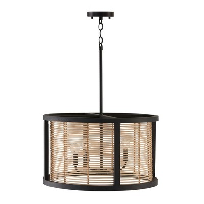 Rico Flat Black Mini Drum Pendant with Rattan & Mango Wood