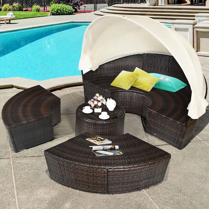 Costway Patio Rattan Daybed Cushioned Sofa Adjustable Table Top Canopy 3 Pillows, 3 of 10
