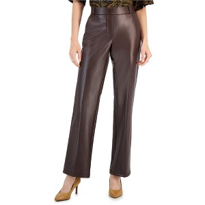 Kasper Womens Vegan Leather Casual Trouser Pants, Brown, Large - 1 of 1